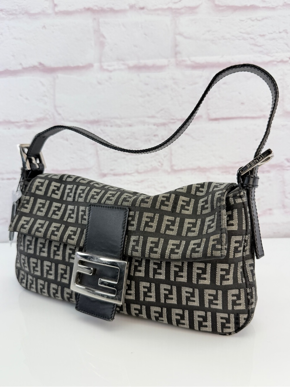 Fendi Black and Gray FF Zucchino Shoulder Baguette